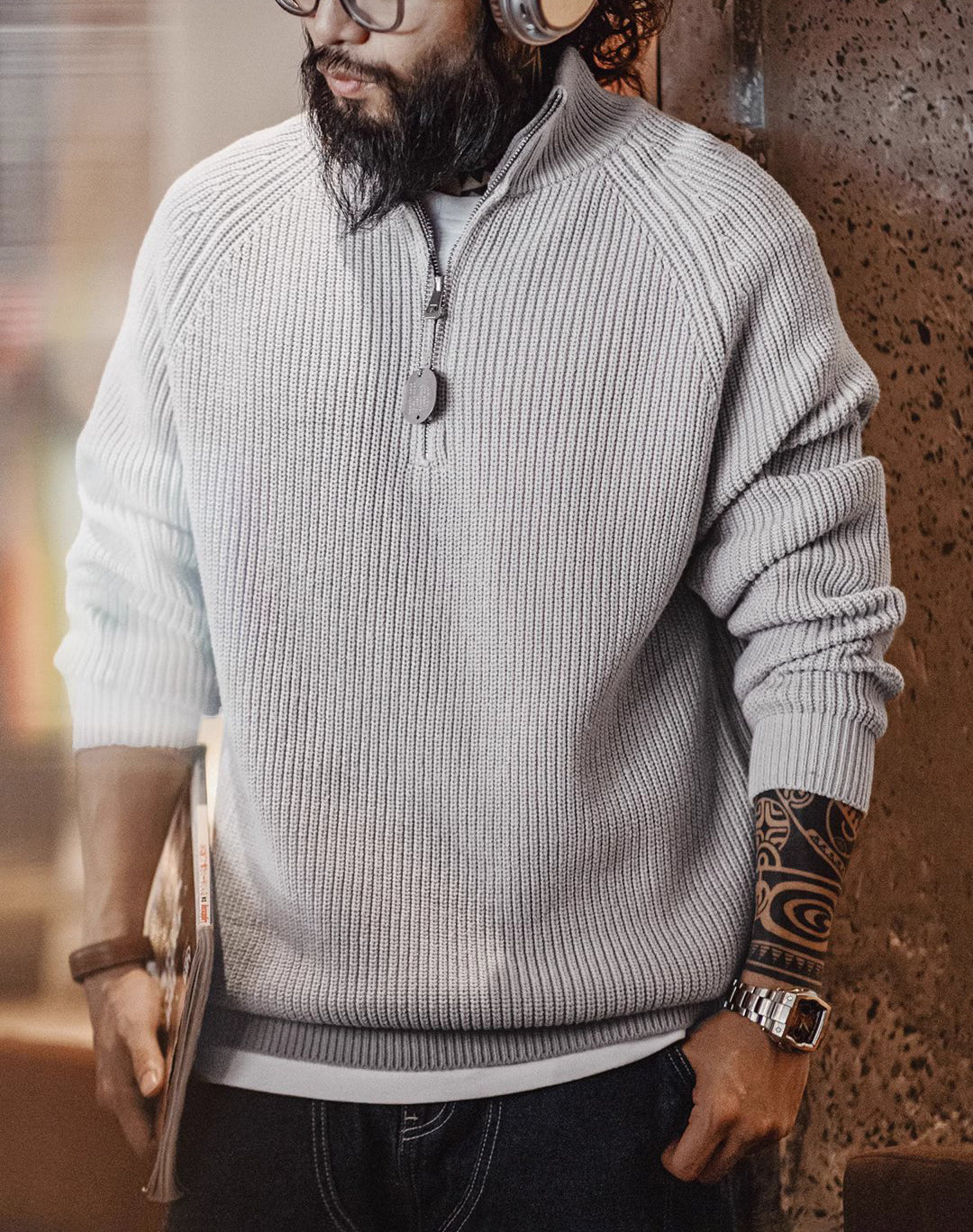 American Retro Half Zip Pullover Bottoming High Collar Knitted Men's Sweater - Harmony Gallery