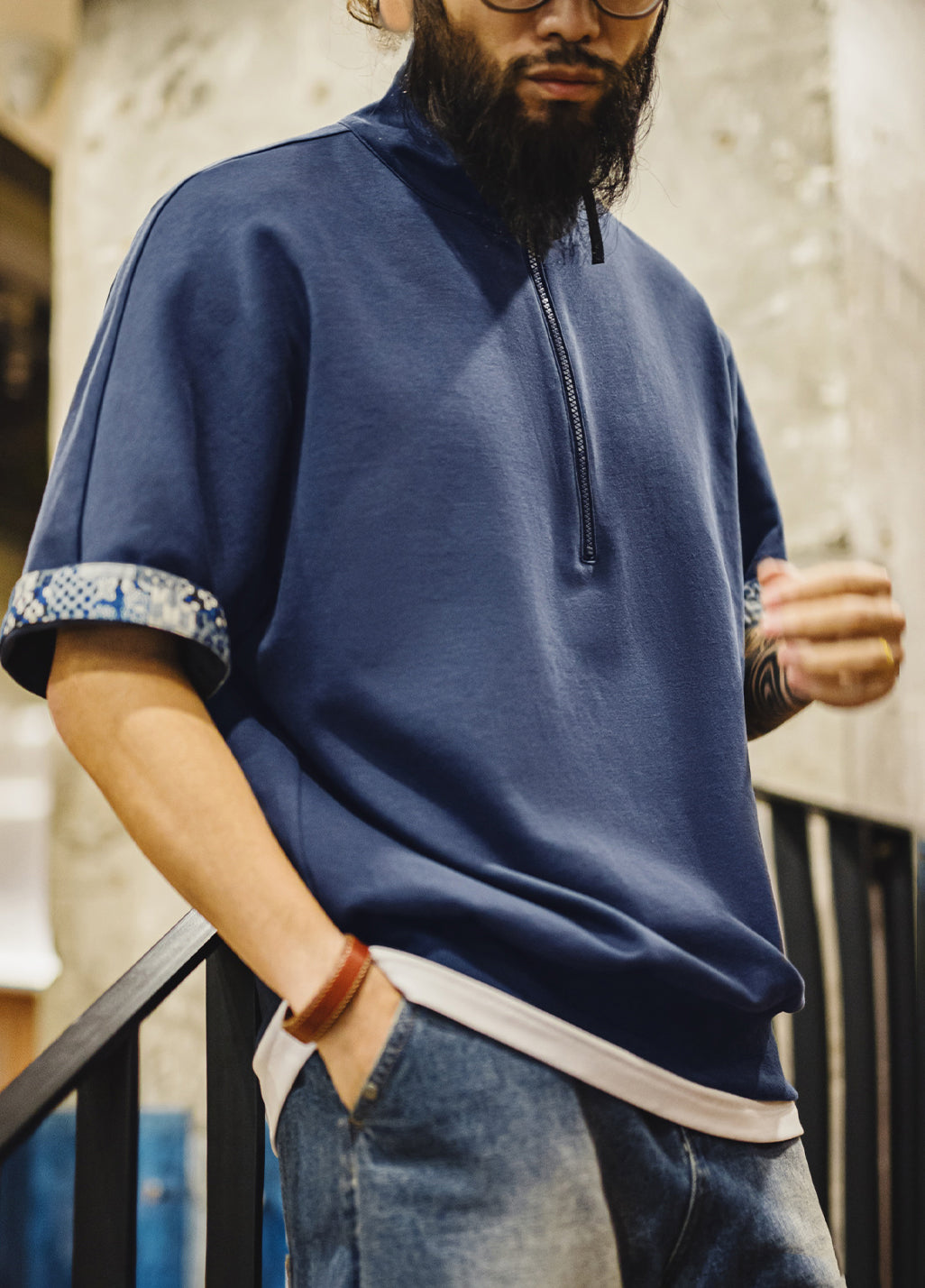American Casual Retro Half-Open Polo Ancient Cloth Printing Loose Men's T-Shirt - Harmony Gallery