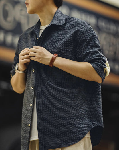 American Retro Seersucker Plaid Textured Lapel Stitching Men's Shirt - Harmony Gallery