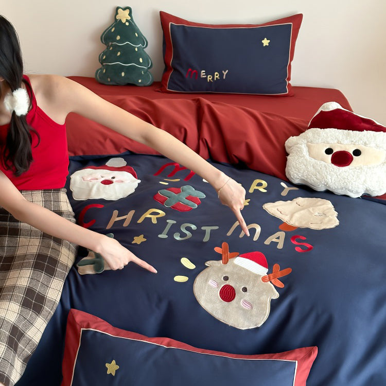 Winter Santa Claus Thickened All-Cotton Brushed Warm Four-Piece Bed Set - Harmony Gallery
