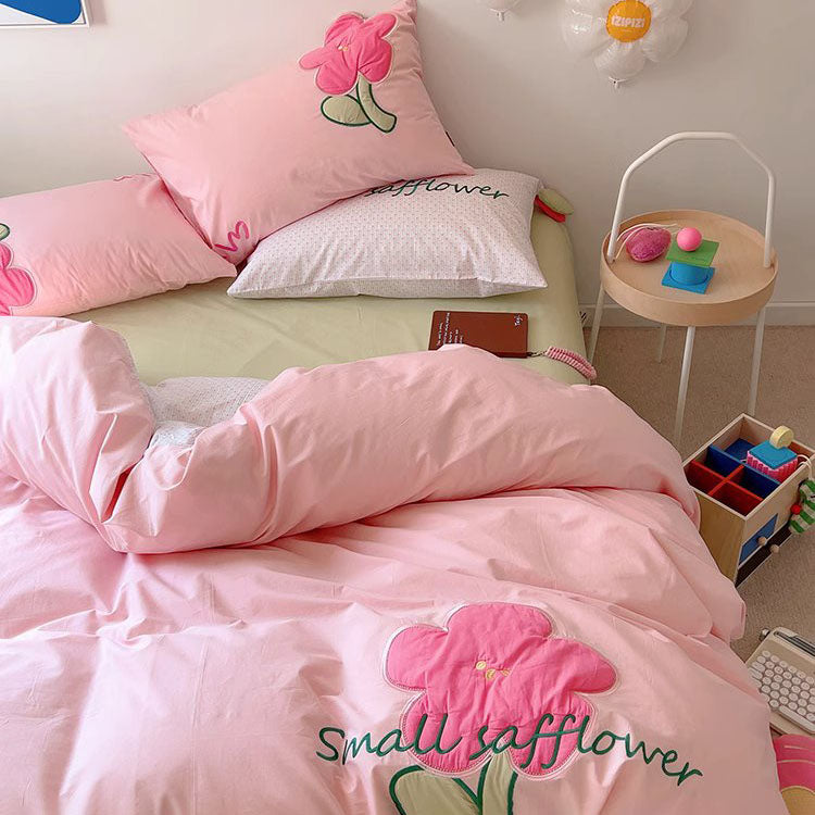 Girly Flower Pink Washed Four-Piece Pure Cotton Super Soft Bed Set - Harmony Gallery