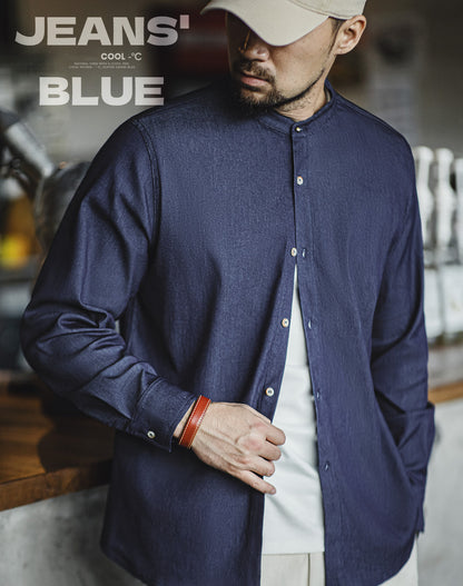American Workwear Retro Cool Ice Silk Denim Washed Men's Shirt - Harmony Gallery