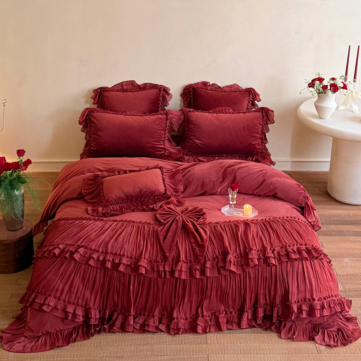 French Princess Thickened Bow Matte Warm Coral Fleece Four-Piece Bed Set - Harmony Gallery