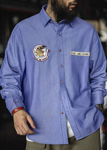 American Casual Oxford Long-Sleeved Blue Pure Cotton Cloth Men's Shirt - Harmony Gallery