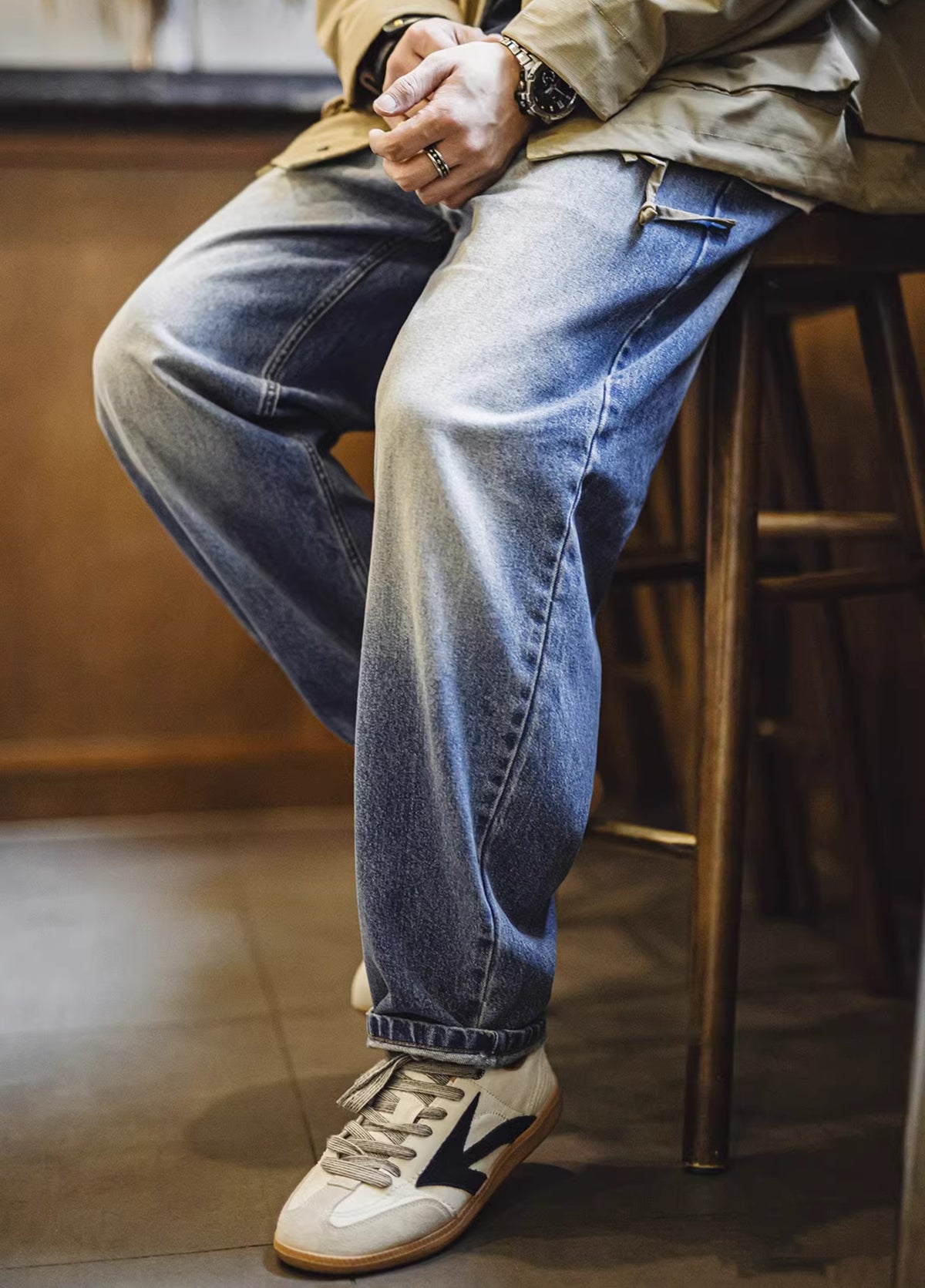 American Retro Washed Cat Whisker Grinding White Denim Cotton Men's Jeans - Harmony Gallery