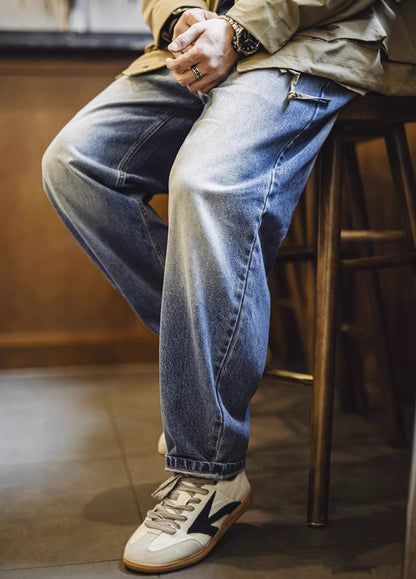 American Retro Washed Cat Whisker Grinding White Denim Cotton Men's Jeans - Harmony Gallery