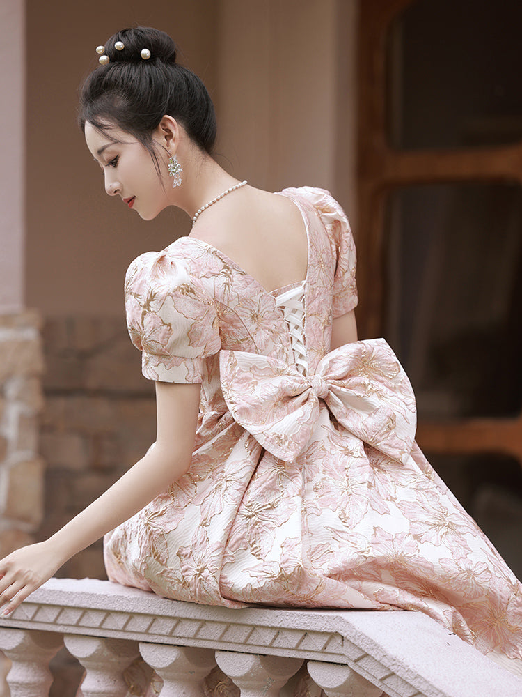 Charming Pink Floral Jacquard Ball Gown with Puff Sleeves - Harmony Gallery