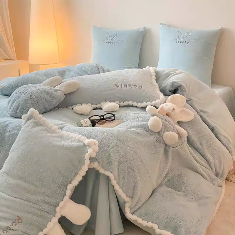 Cute Cartoon Rabbit Velvet Warm Double-Sided Four-Piece Bed Set - Harmony Gallery