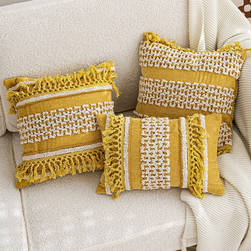 Golden Boho-Chic Tassel Vibrant Textured Decorative Throw Pillows - Harmony Gallery