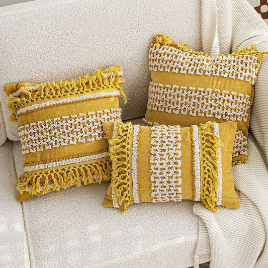 Golden Boho-Chic Tassel Vibrant Textured Decorative Throw Pillows - Harmony Gallery