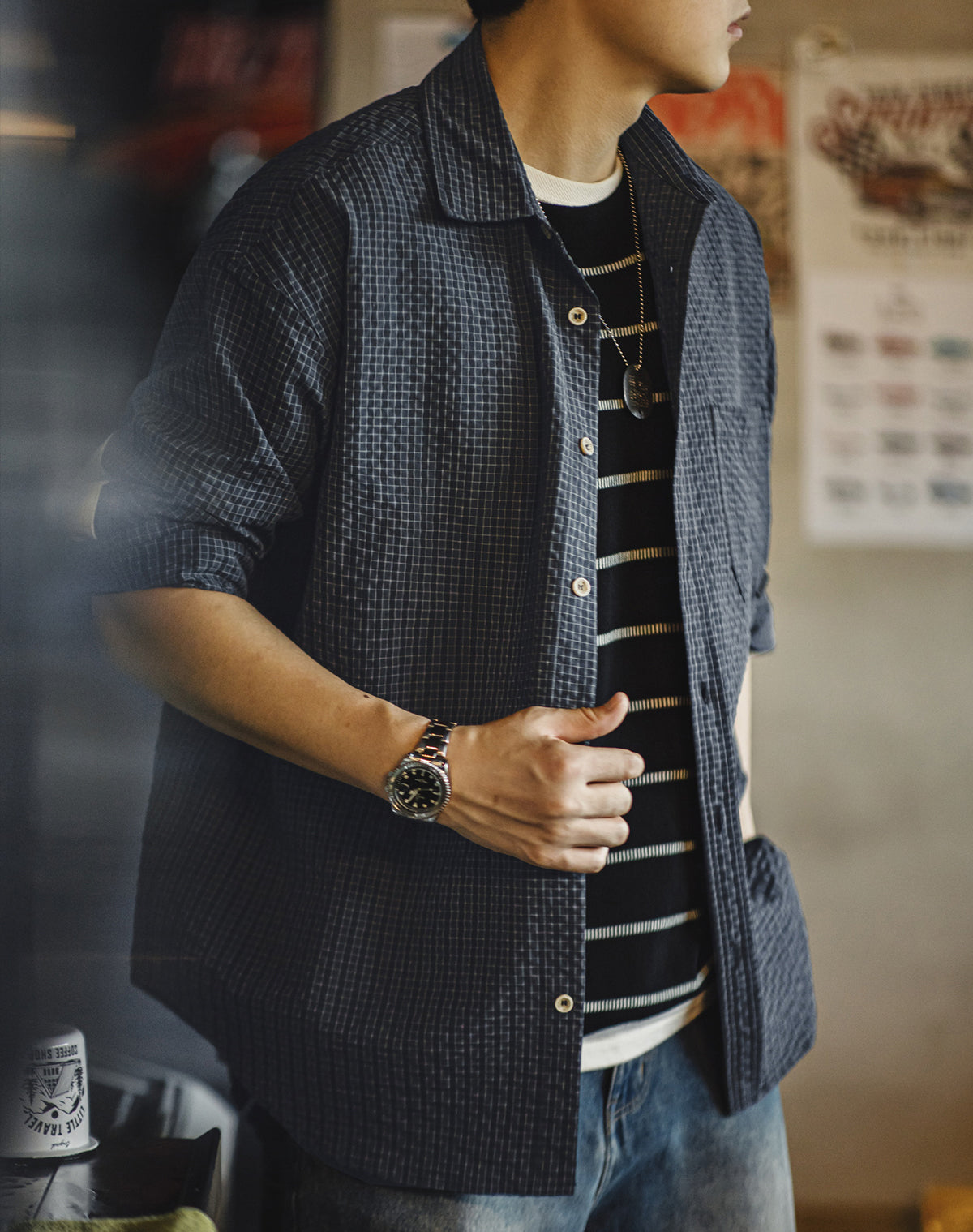 American Retro Seersucker Plaid Textured Lapel Stitching Men's Shirt - Harmony Gallery