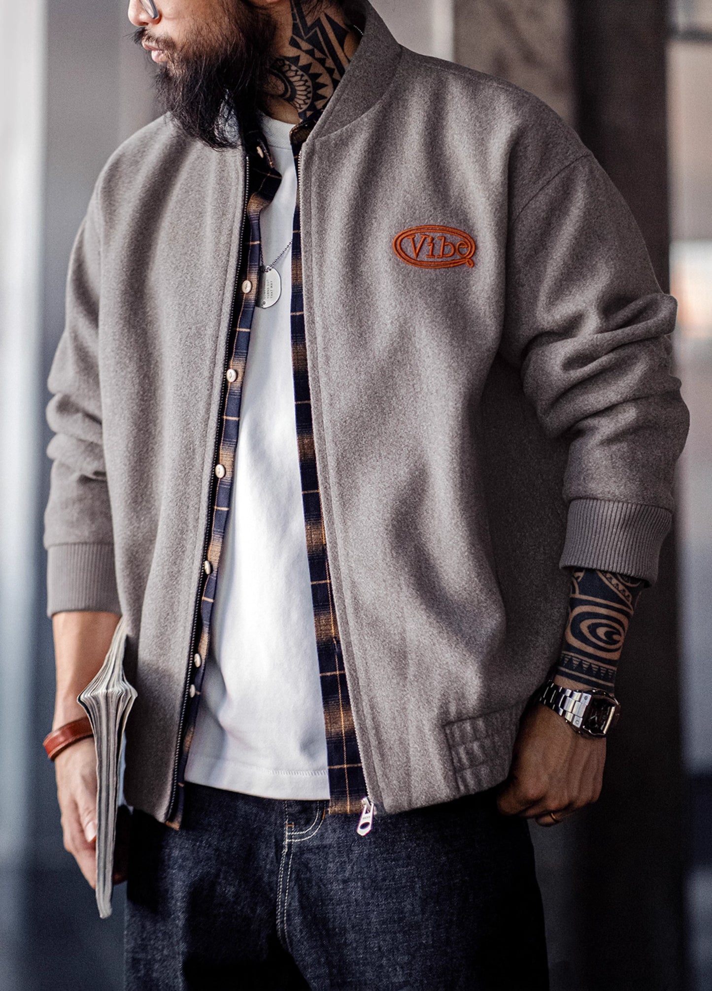 American Retro Woolen Baseball Embroidery Cuffed Sleeves Men's Jacket - Harmony Gallery