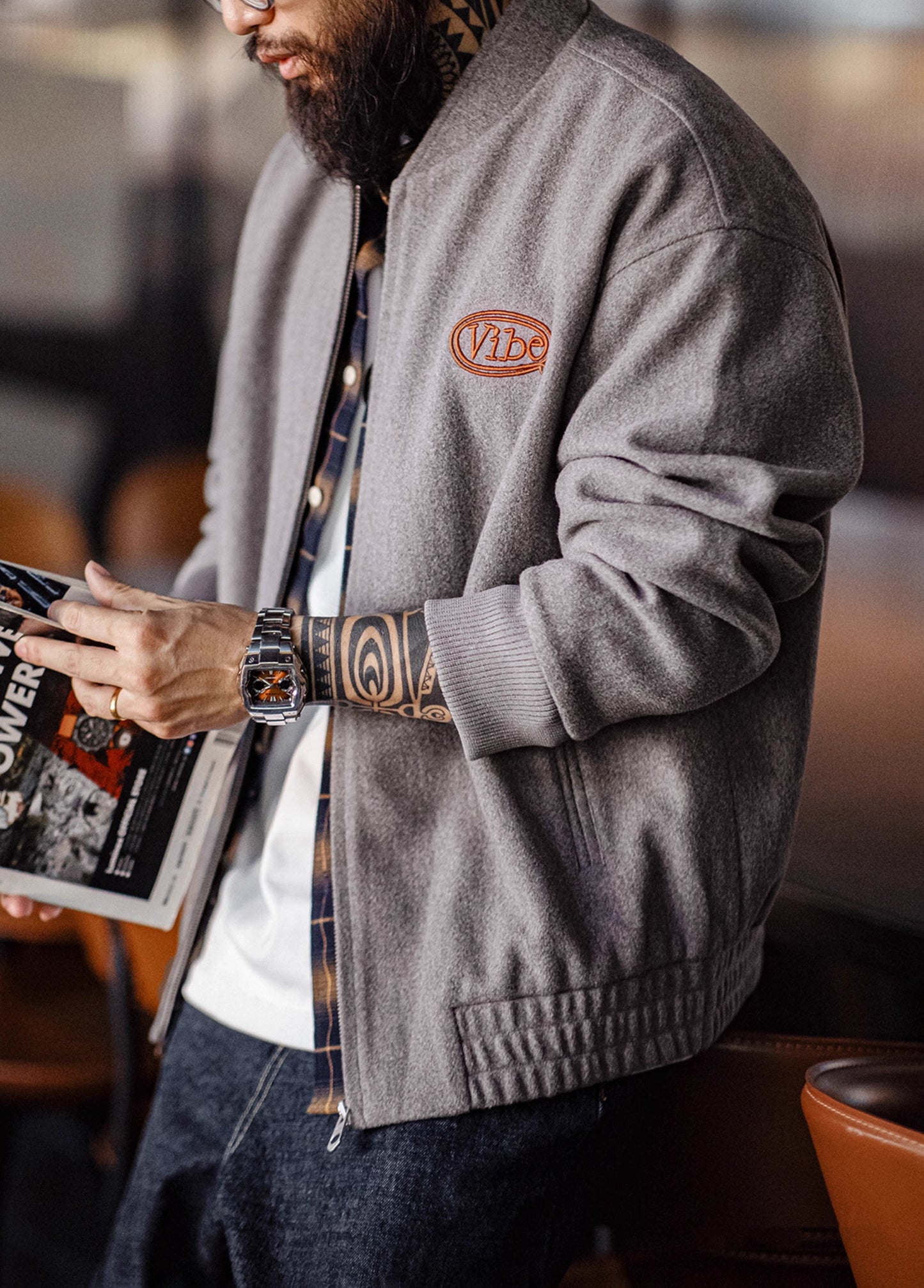 American Retro Woolen Baseball Embroidery Cuffed Sleeves Men's Jacket - Harmony Gallery