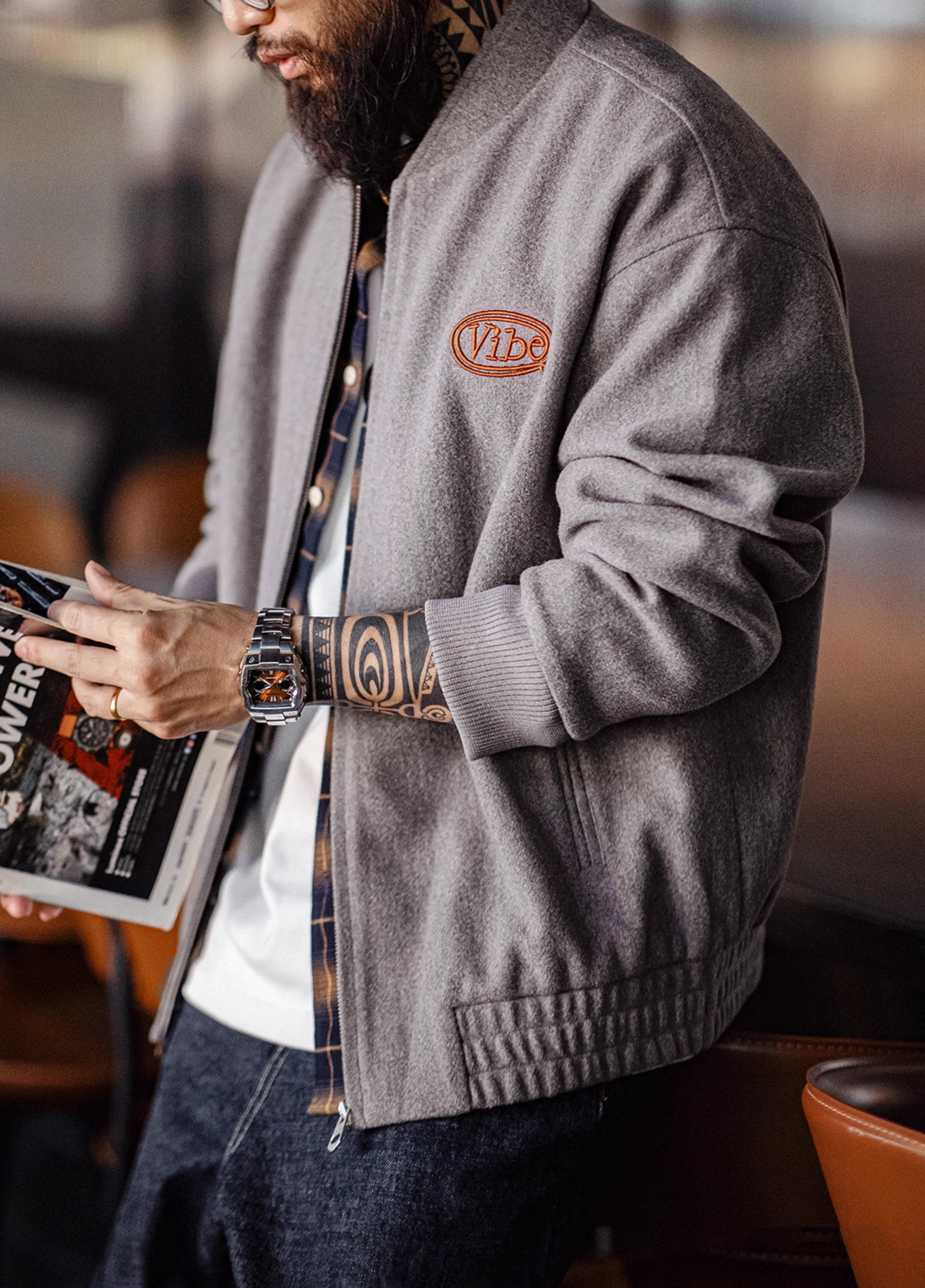 American Retro Woolen Baseball Embroidery Cuffed Sleeves Men's Jacket - Harmony Gallery