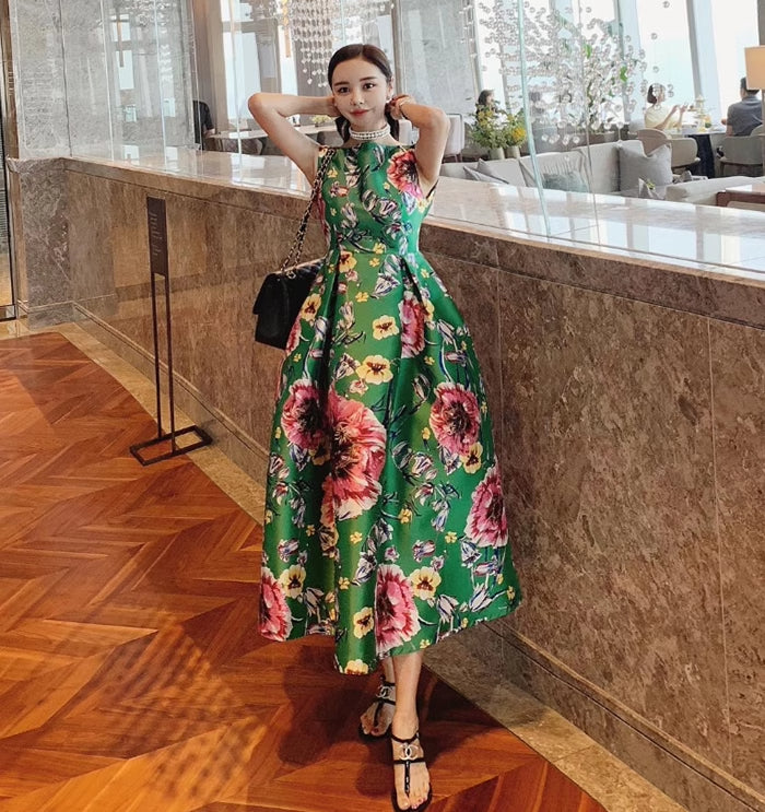 Vibrant Green Floral Print Sleeveless A-Line Midi Dress - Harmony Gallery