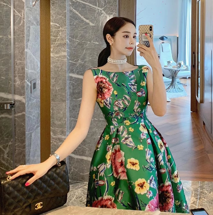 Vibrant Green Floral Print Sleeveless A-Line Midi Dress - Harmony Gallery