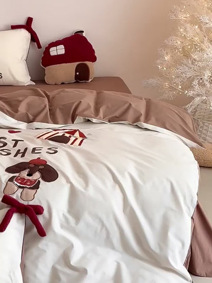 Cartoon Circus Bear Embroidery Pure Cotton Long Staple Four-Piece Bed Set