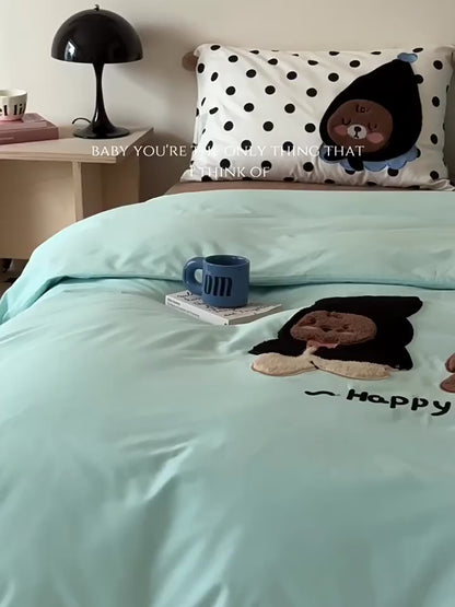 Cute Cartoon Bear Embroidered Washed Four-Piece Cotton Bed Set