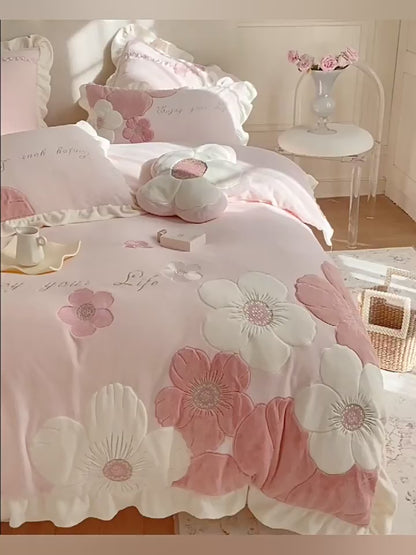 Vierteiliges Bettwäsche-Set „Prinzessin Girly Heart Sunflower“ aus warmem Samt für den Winter
