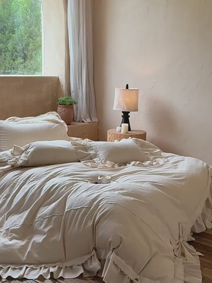 French Retro Romantic Cotton And Linen Blend Four-Piece Lace Trim Bow Bed Set
