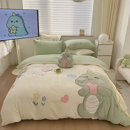 Parure de lit quatre pièces en coton lavé avec broderie Little Dinosaur