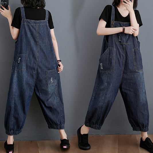 Distressed Washed Denim Harem Women's Jumpsuit - Harmony Gallery