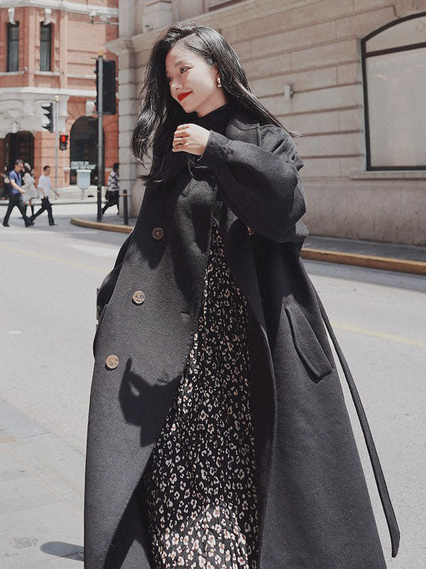 Black Hepburn Style Winter Loose Woolen Women's Coat - Harmony Gallery
