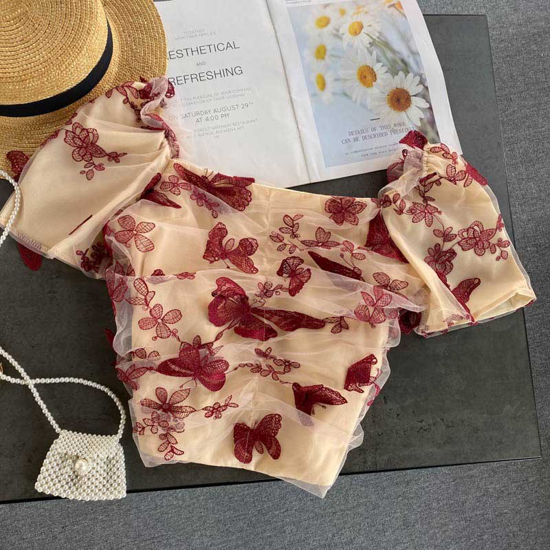 Retro Summer Butterfly Embroidery Women's Top - Harmony Gallery