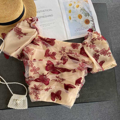 Retro Summer Butterfly Embroidery Women's Top - Harmony Gallery