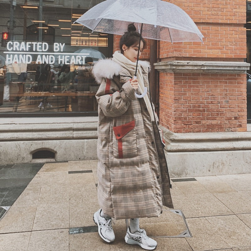 Plaid Winter Mid-Length Cotton-Padded Loose Women's Coat - Harmony Gallery