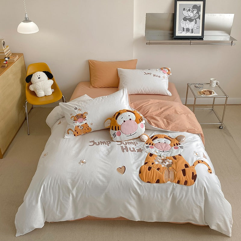 Cute Cartoon Happy Tigger Washed Cotton Four-Piece Bed Set - Harmony Gallery