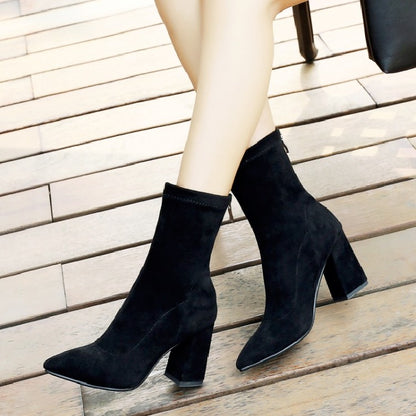 High Thick Heel Mid-Length Stretch Suede Women's Boots - Harmony Gallery
