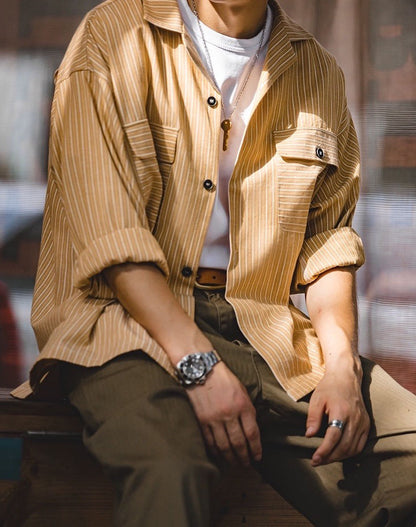 Workwear Retro Yellow Striped Vintage Men's Shirt - Harmony Gallery