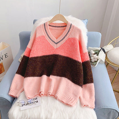 Mohair Contrast Color Loose Outer Wear Gentle Women's Sweater - Harmony Gallery