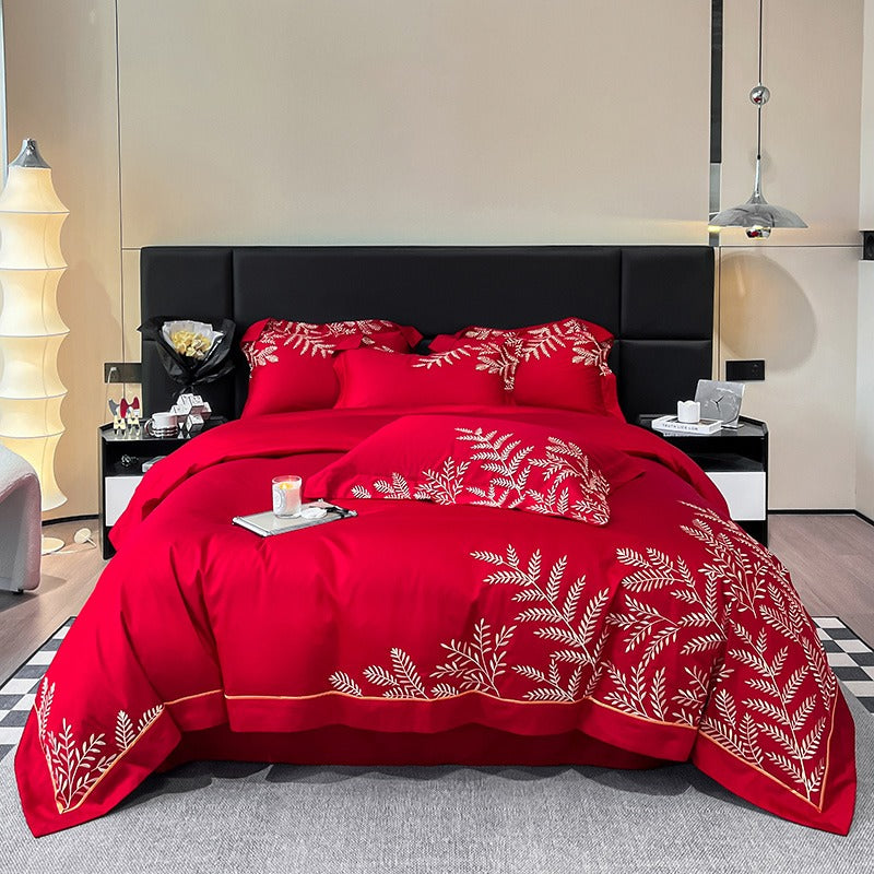 Long-Staple Embroidery Four-Piece Wide-Edged Solid Color Bed Set - Harmony Gallery