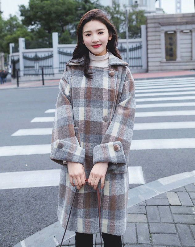 Loose Casual British Plaid Woolen Women's Coat - Harmony Gallery