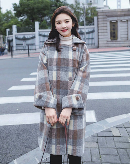Loose Casual British Plaid Woolen Women's Coat - Harmony Gallery