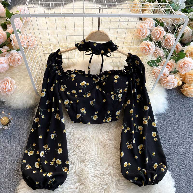 Mori Sweet Floral Puff Sleeve Halter Chiffon Women's Top - Harmony Gallery