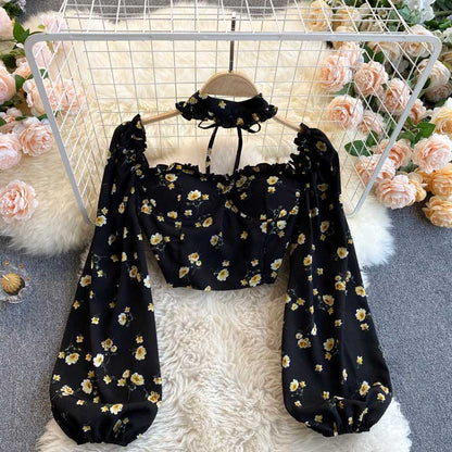 Mori Sweet Floral Puff Sleeve Halter Chiffon Women's Top - Harmony Gallery