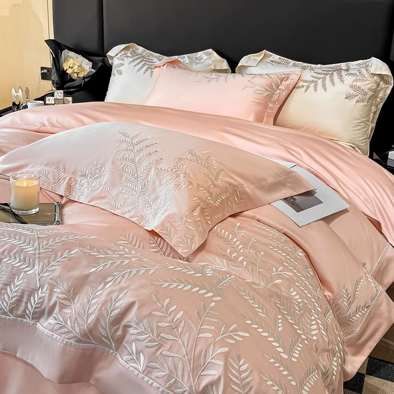 Long-Staple Embroidery Four-Piece Wide-Edged Solid Color Bed Set - Harmony Gallery