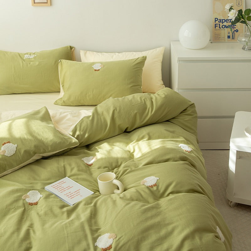 Cute Cartoon Green Sheep Washed Cotton Four-Piece Bed Set - Harmony Gallery