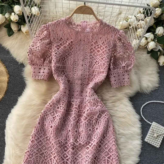 Summer Sense Hollow Puff Sleeves Slim Short Women's Dress - Harmony Gallery