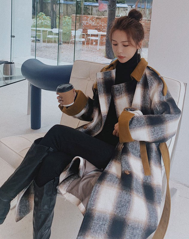 Fashion Retro Plaid Mid-Length Woolen Women's Coat - Harmony Gallery