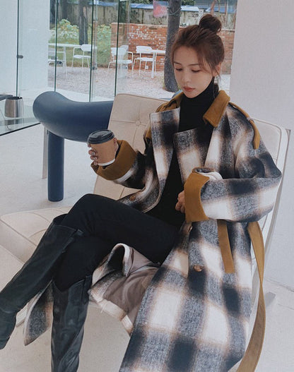 Fashion Retro Plaid Mid-Length Woolen Women's Coat - Harmony Gallery
