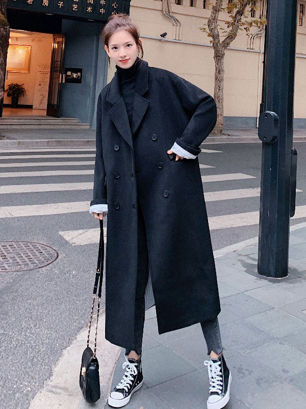 British Style Mid-Length Woolen Black Women's Coat - Harmony Gallery