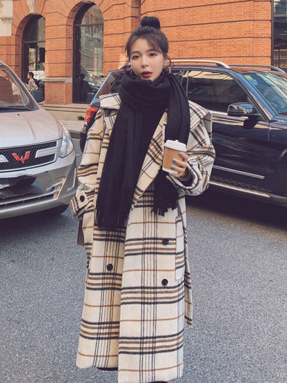 Loose Retro Plaid Mid-Length Woolen Women's Coat - Harmony Gallery
