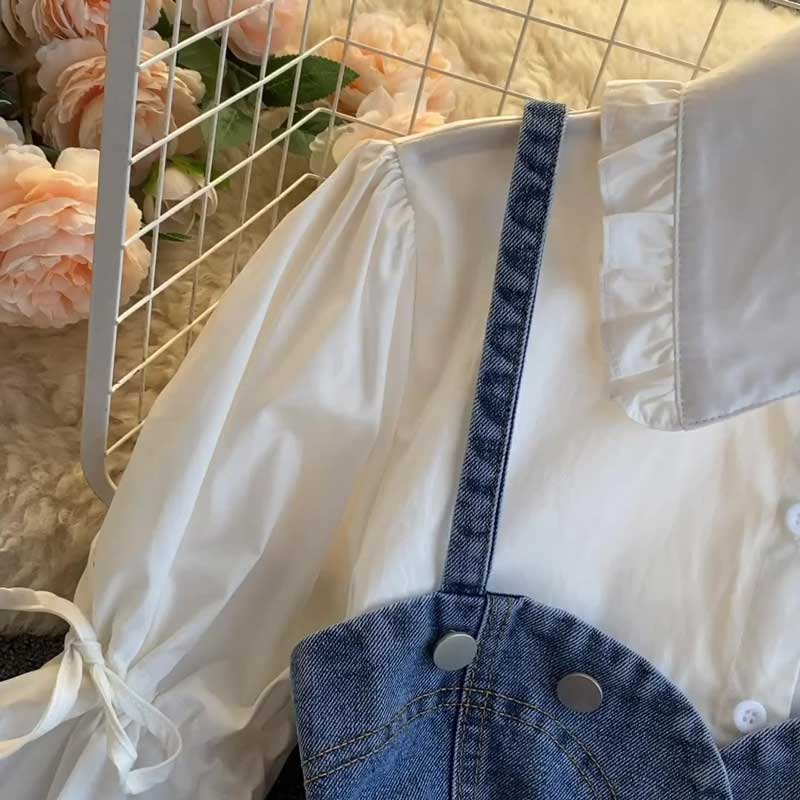 Retro Bubble Sleeve Loose Denim Camisole Women's Suit - Harmony Gallery