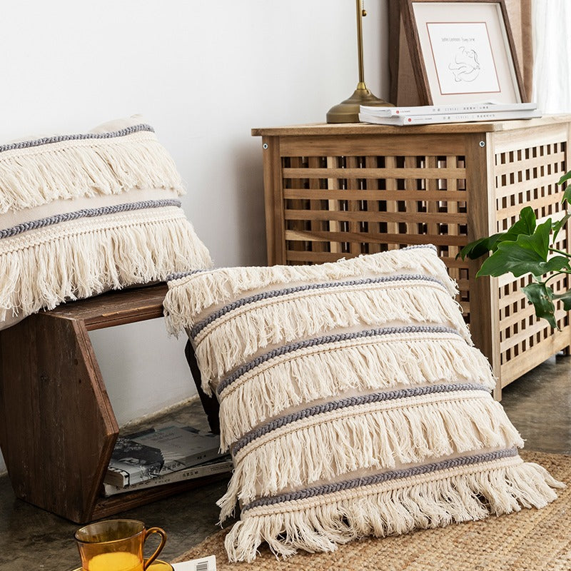 Handmade Nordic Cotton & Linen Tassel Indian Sofa Cushion - Harmony Gallery