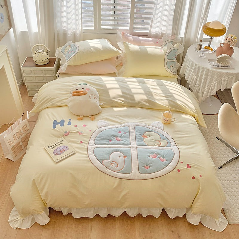 Cute Fairy Little Duck Washed Cotton Four-Piece Bed Set - Harmony Gallery