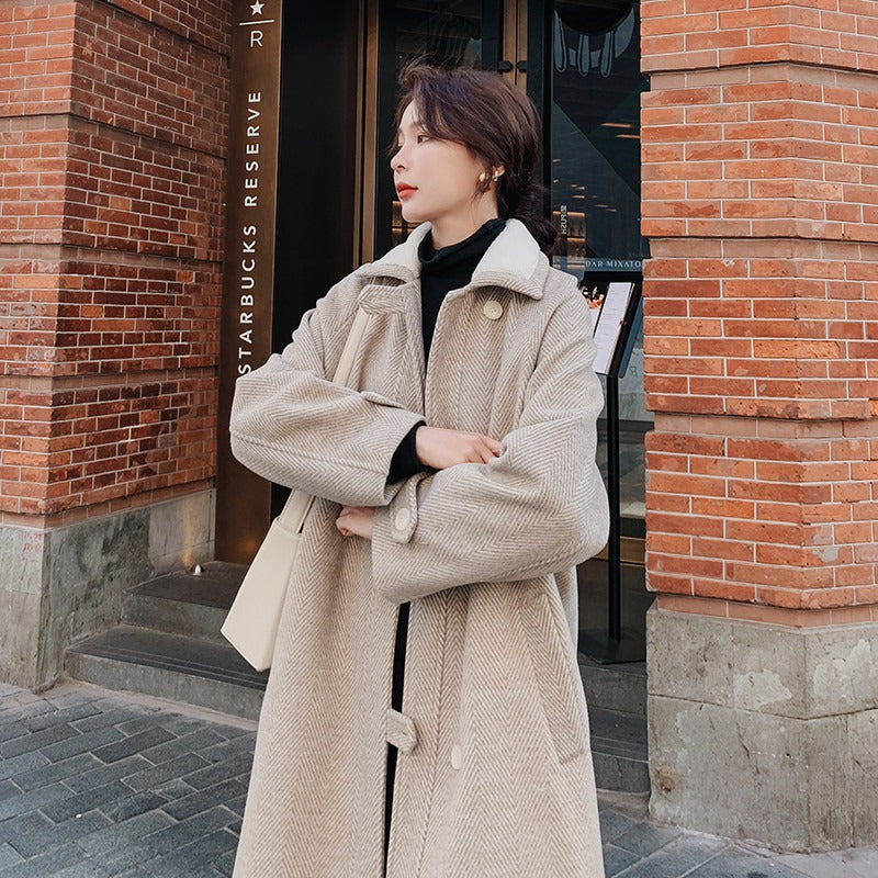 Woolen Mid-Length Loose Herringbone Women's Coat - Harmony Gallery